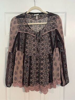 Knox Rose Dusty Pink Floral Boho Tie-Neck Blouse